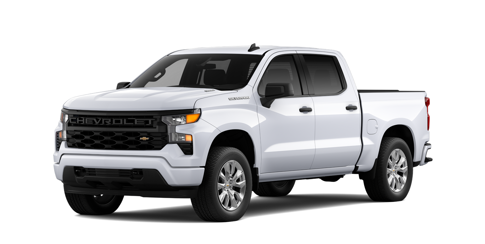 A white 2026 Chevrolet Silverado in three-quarter view