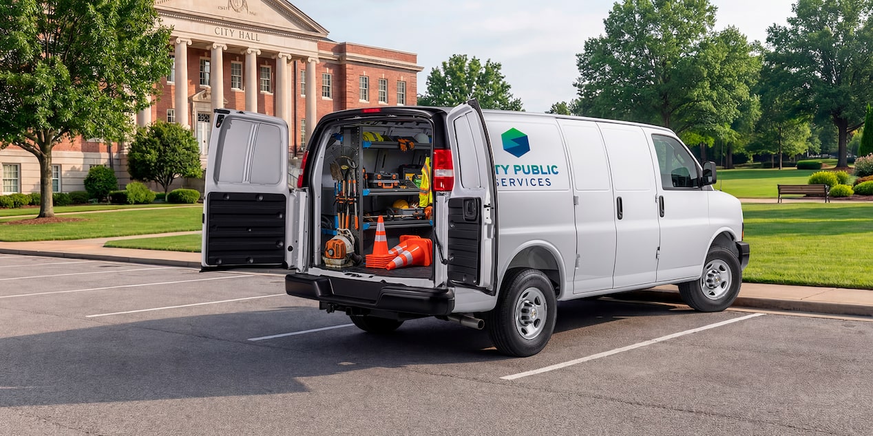 A white Chevrolet Express Cargo Van customized for public works.
