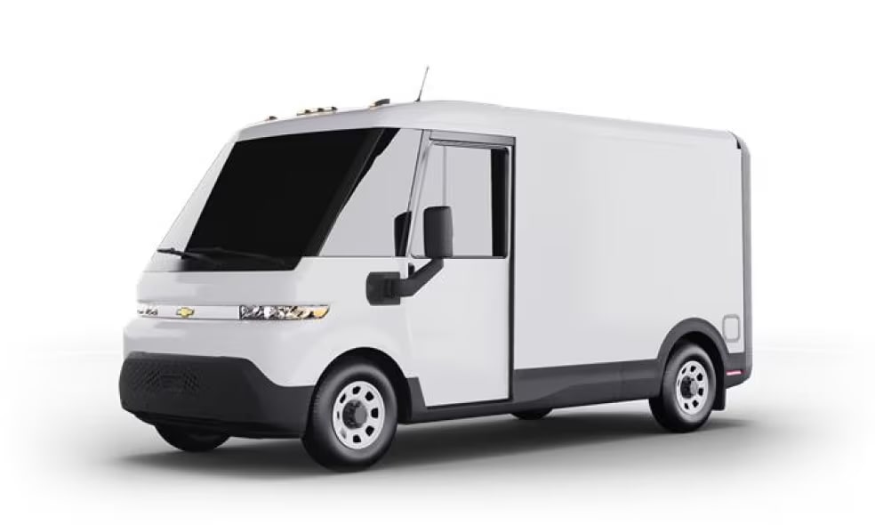 A 2025 Chevy BrightDrop Electric Delivery van in three-quarter view