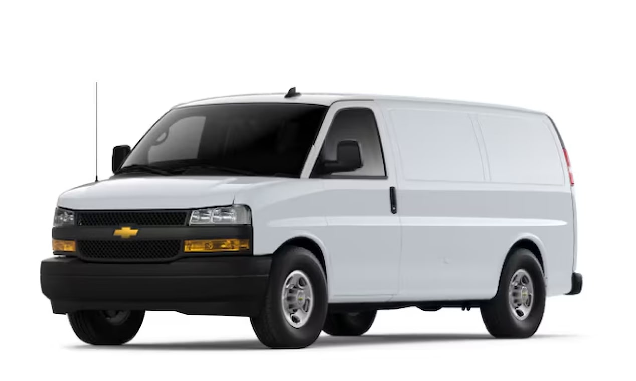 A 2025 Chevy Express Cargo Van in three-quarter view