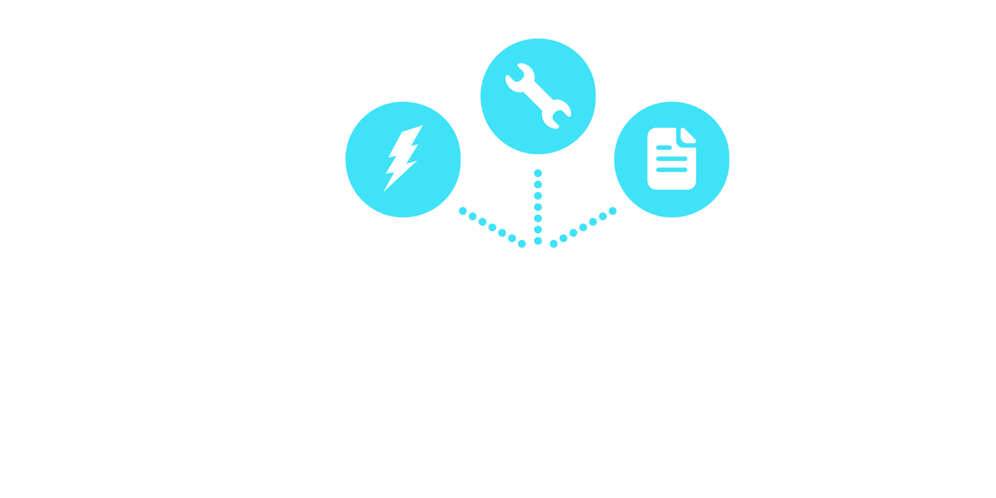 A hand icon with a lighting bolt, wrench, and document floating above. 