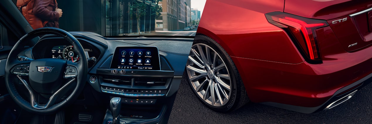 A split view of a Cadillac CT5 interior and exterior