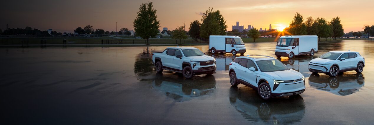 The Chevrolet EV Fleet Lineup aranged in a parking lot.