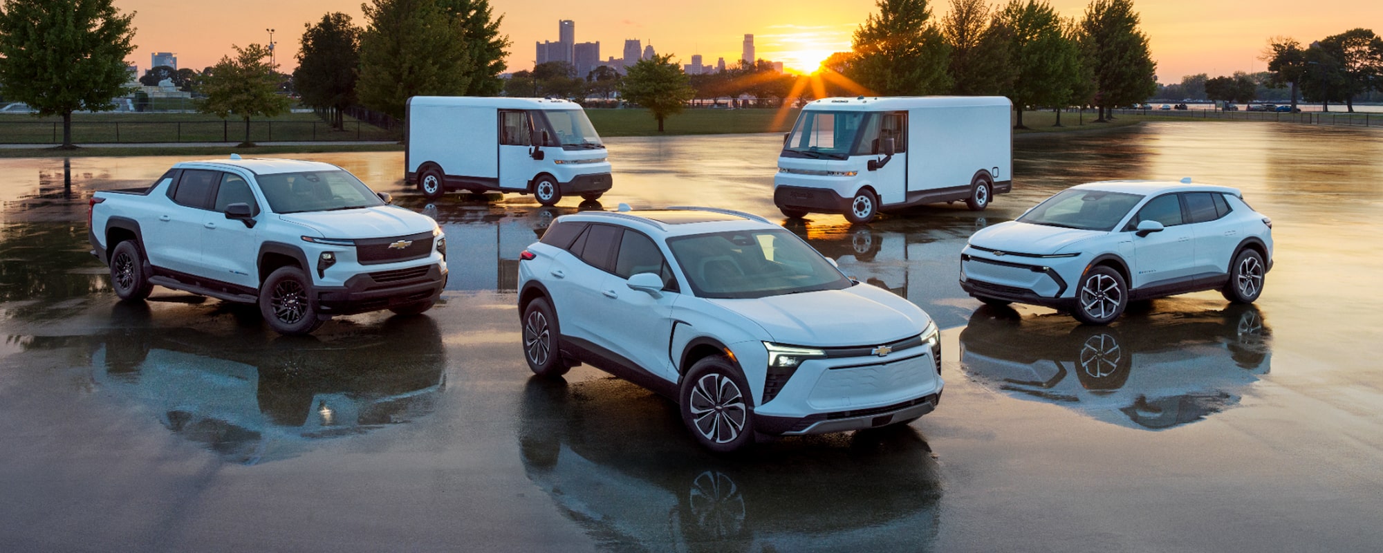 The Chevrolet EV Fleet Lineup aranged in a parking lot.