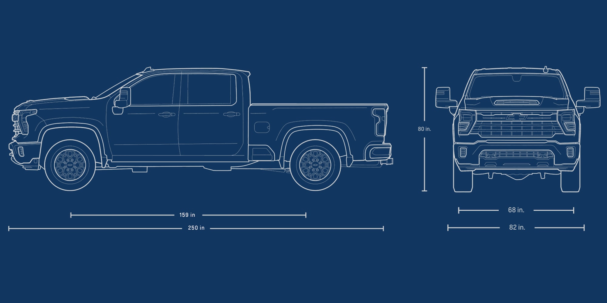 Front and side view of a Blueprint of a 2026 Chevy Silverado HD Crew Cab