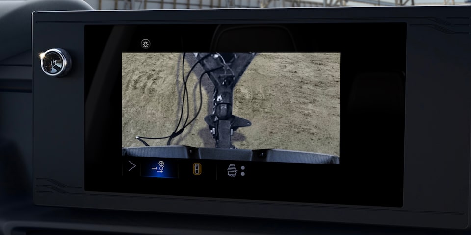 An interior closeup shot from an infotainment screen showing the wing trailering backup camera for the 2024 Chevrolet  EV.