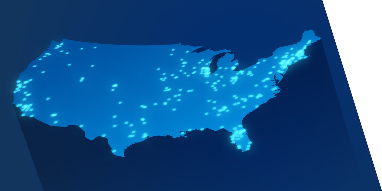 A blue map of the continental United States with lights indicating the locations of BrightDrop dealers.