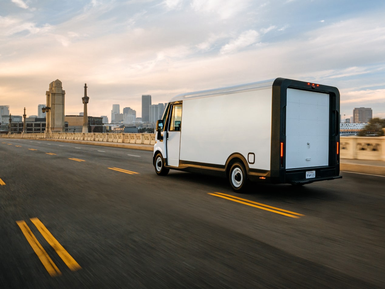 A 2025 BrightDrop driving down a highway.