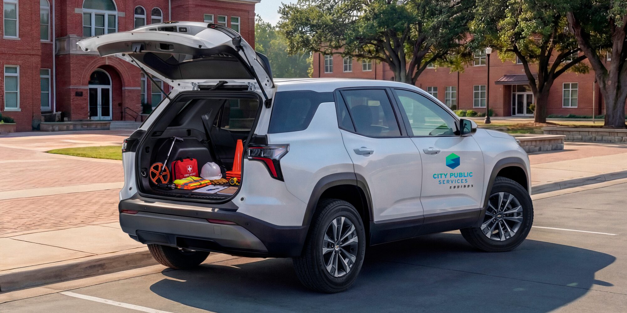 A Chevrolet Equinox with a City Public Works logo on the side and an open tailgate. 