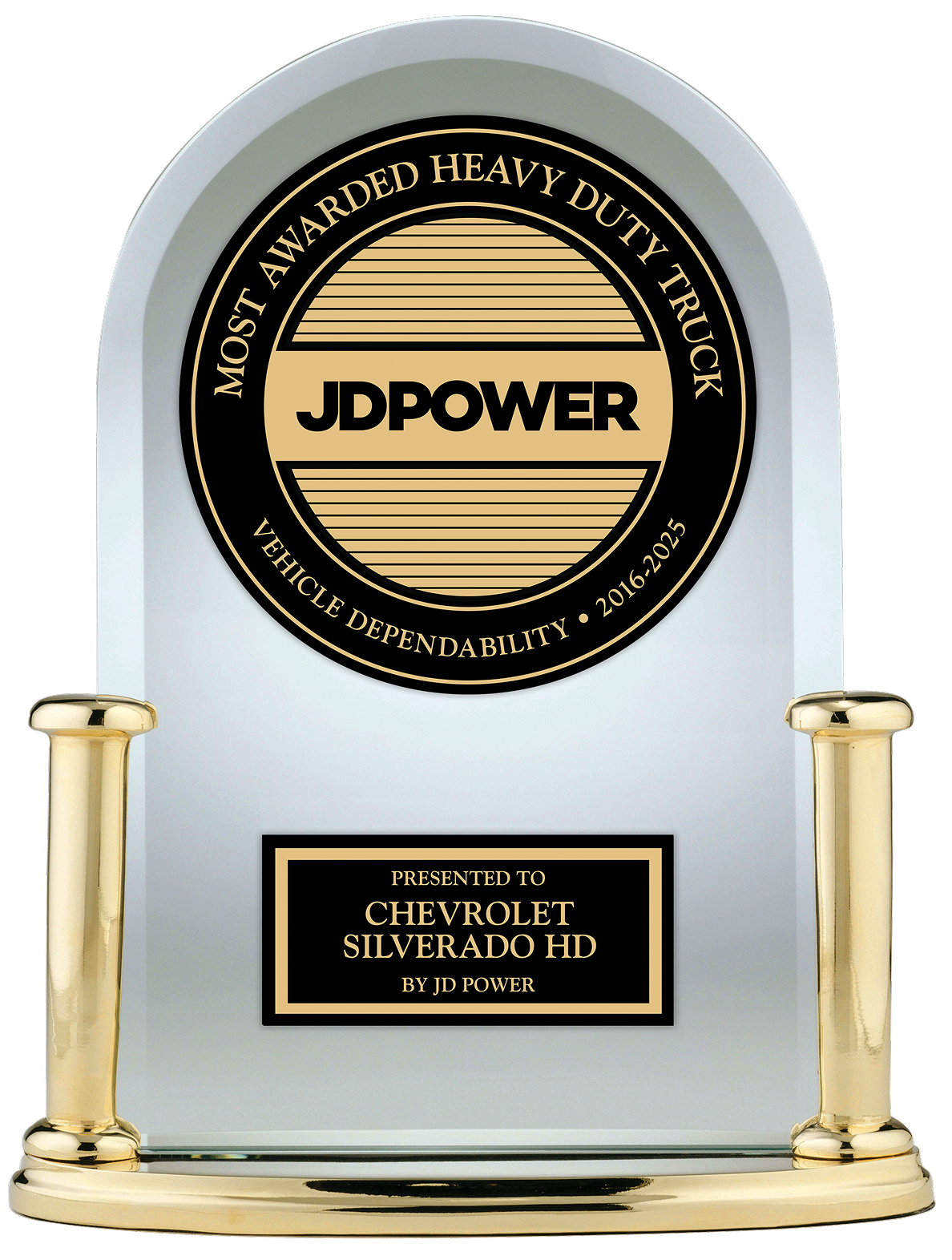 2025-2026 JD Power trophy for Most Awarded Heavy Duty Truck, made out to the Chevrolet Silverado HD