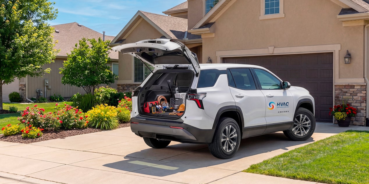 A white 2026 Chevrolet Equinox branded for a HVAC company with it's tailgate open.