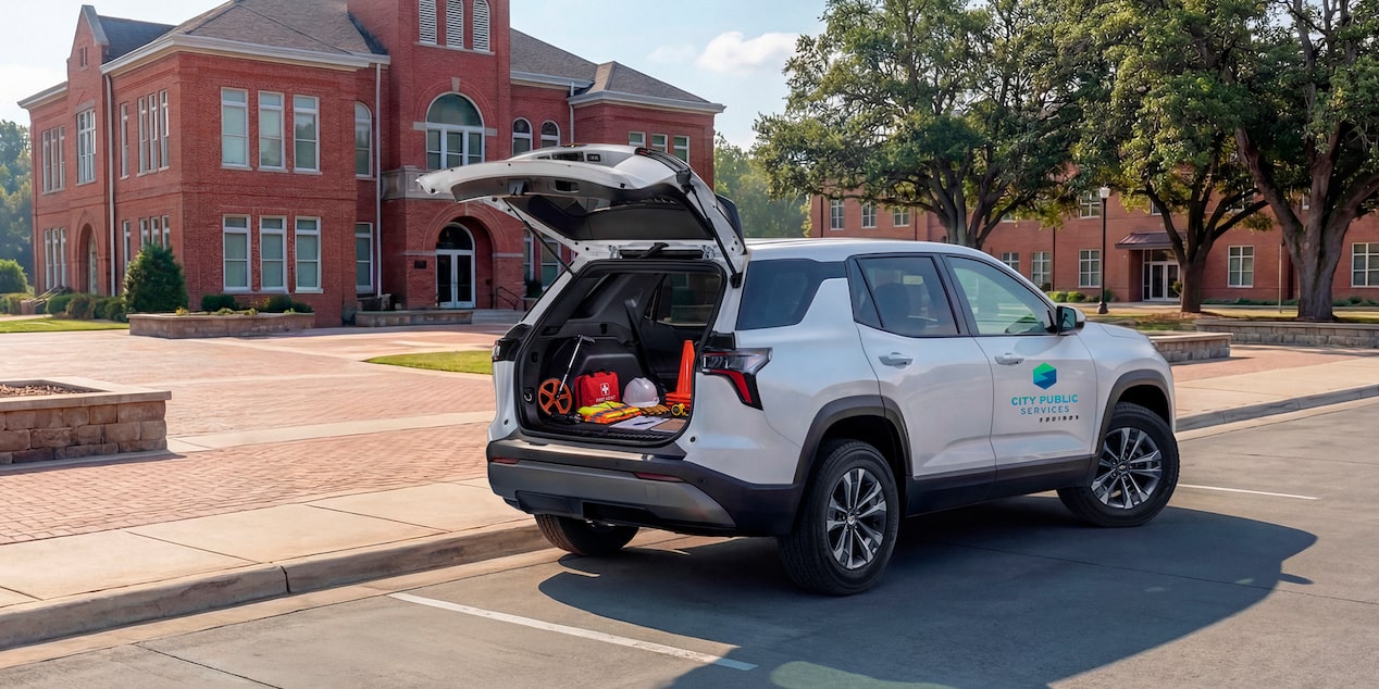 A white 2026 Chevrolet Equinox branded for a city public works logo with it's tailgate open.