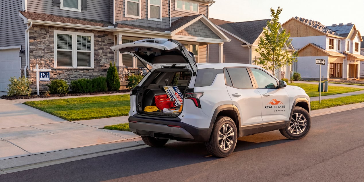 A white 2026 Chevrolet Equinox branded for a Real Estate company with it's tailgate open.