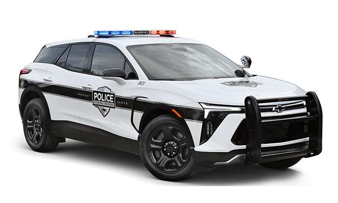 A 2027 Chevrolet Blazer EV Police Protection Vehicle in three-quarters view