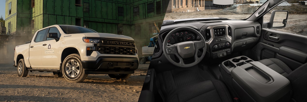 A split image showing the interior and exterior of a white Chevrolet Silverado