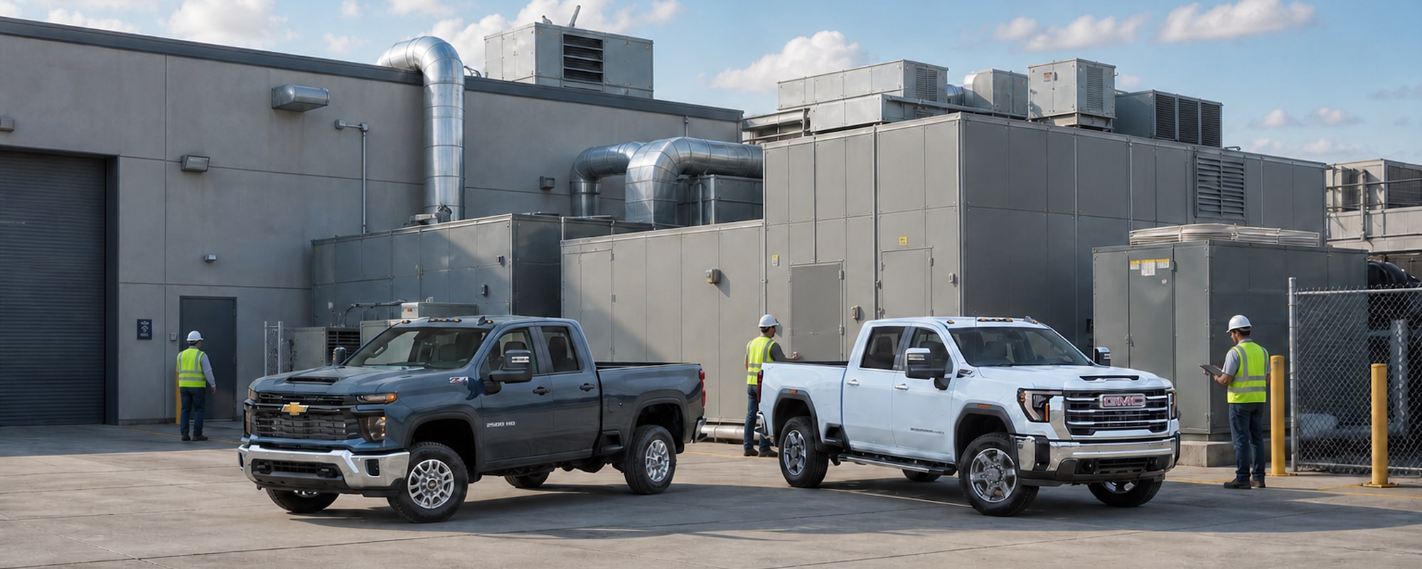A 2027 Chevrolet Silverado and a 2027 GMC Sierra with workers nearby.