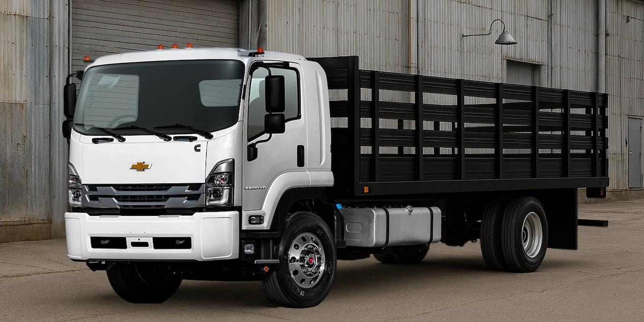 An upfitted cab forward Chevrolet truck