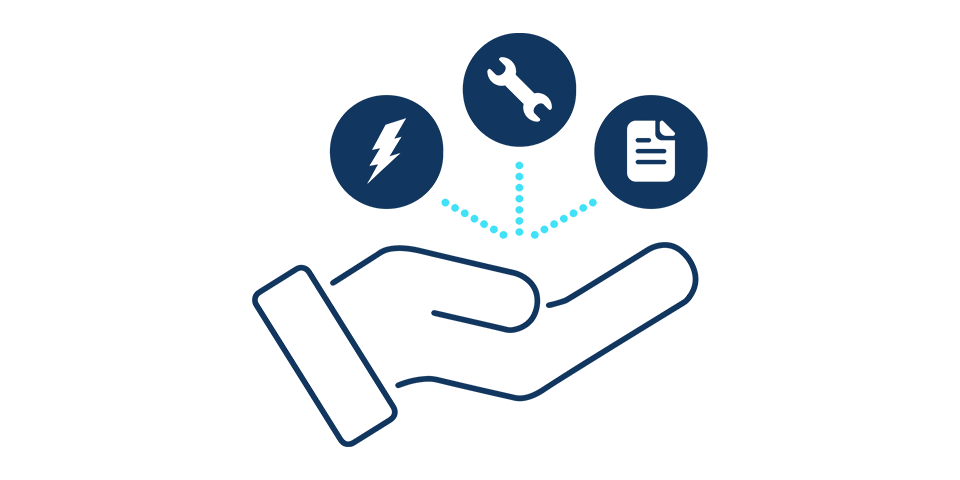 an icon of a hand holding 3 icons: a lightning bolt, a wrench, and a document.