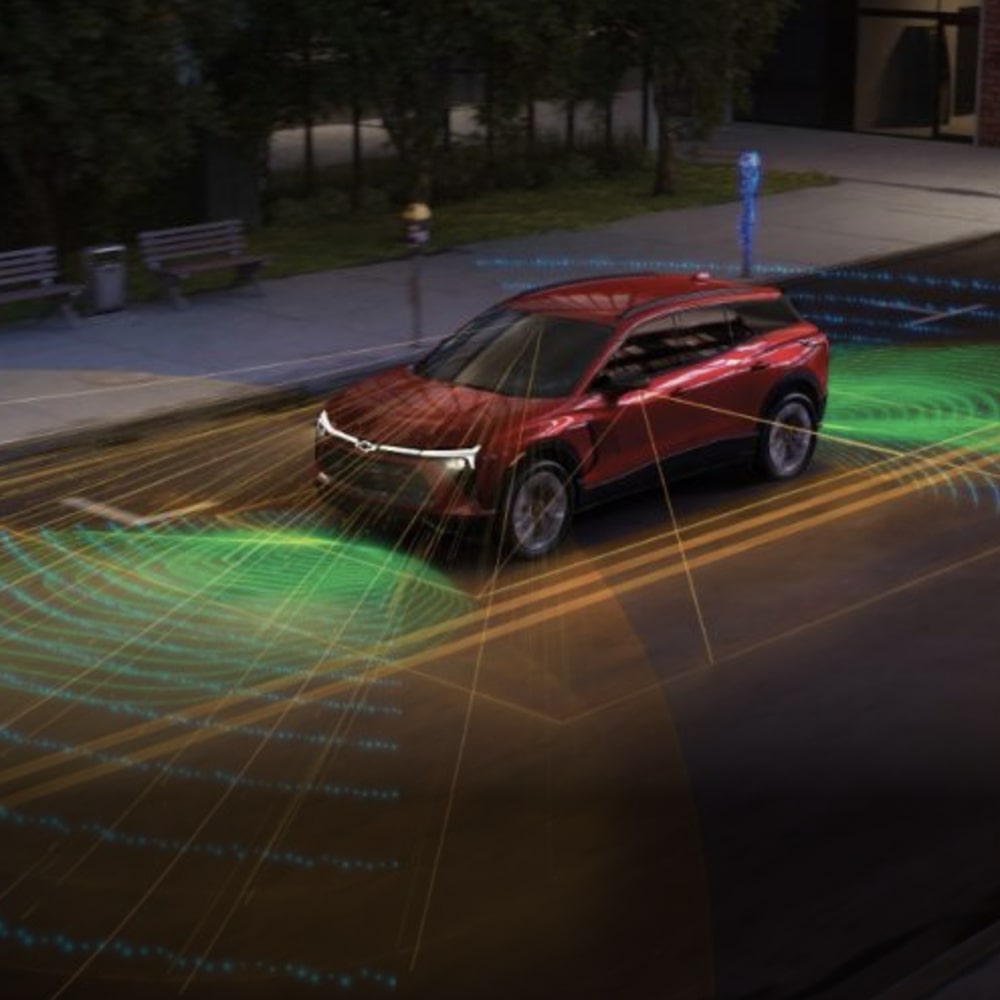 A Blazer EV with a visual representation of it's safety features.