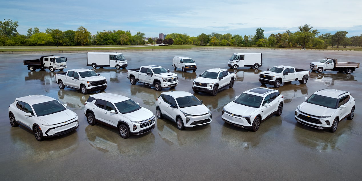 A fleet of GM Vehicles, including SUVs, Trucks, Vans, and upfit applications