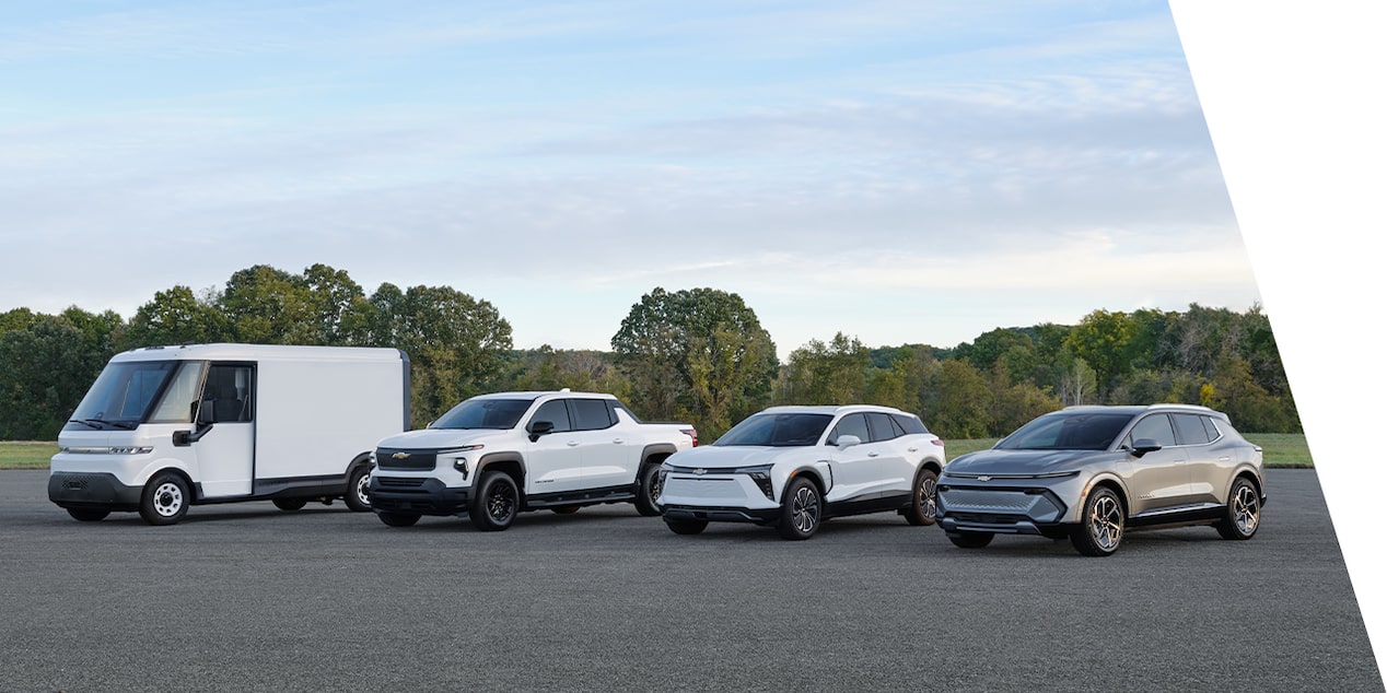A Chevrolet Brightdrop, Silverado EV, Blazer EV, and Equinox EV displayed in three-quarter view